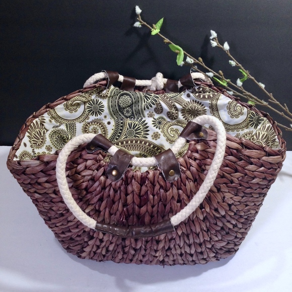 Mud Pie Handbags - Mud Pie Brown Straw Tote Bag Green Paisley Lining